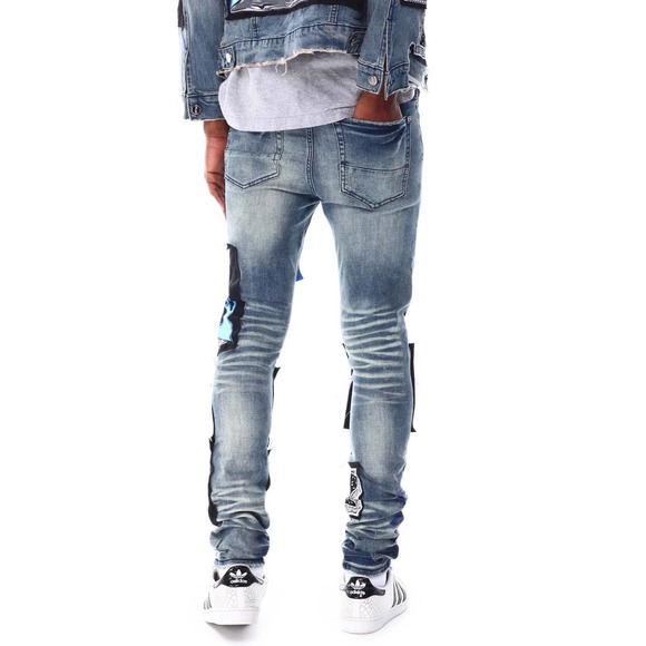GFTD LA Los Angeles Men's Skinny Fit Panel Patch Fire Skull Distressed Rip Jeans - Picture 3 of 7